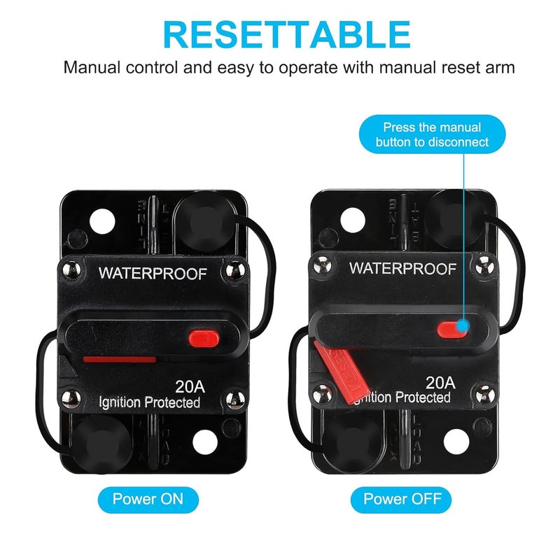 NOWEIERTON 20 Amp Audio Circuit Breaker,12V-48V DC Fuse Holder,30-300A Breaker Switch,Inline Circuit Breaker with Reset Button,for Automotive Marine Boat Audio System Current Overload Protection - Image 2